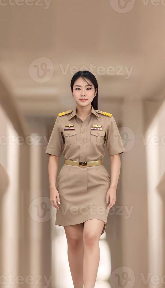 foto di mezzo anziano asiatico donna nel tailandese insegnante uniforme, generativo ai