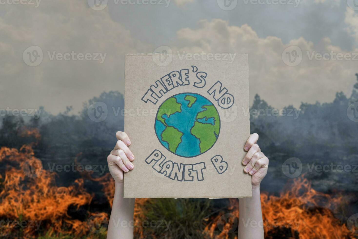 clima modificare manifestazione manifesto su un' foresta ardente sfondo. Là è no pianeta b. la deforestazione e distruzione concetti foto