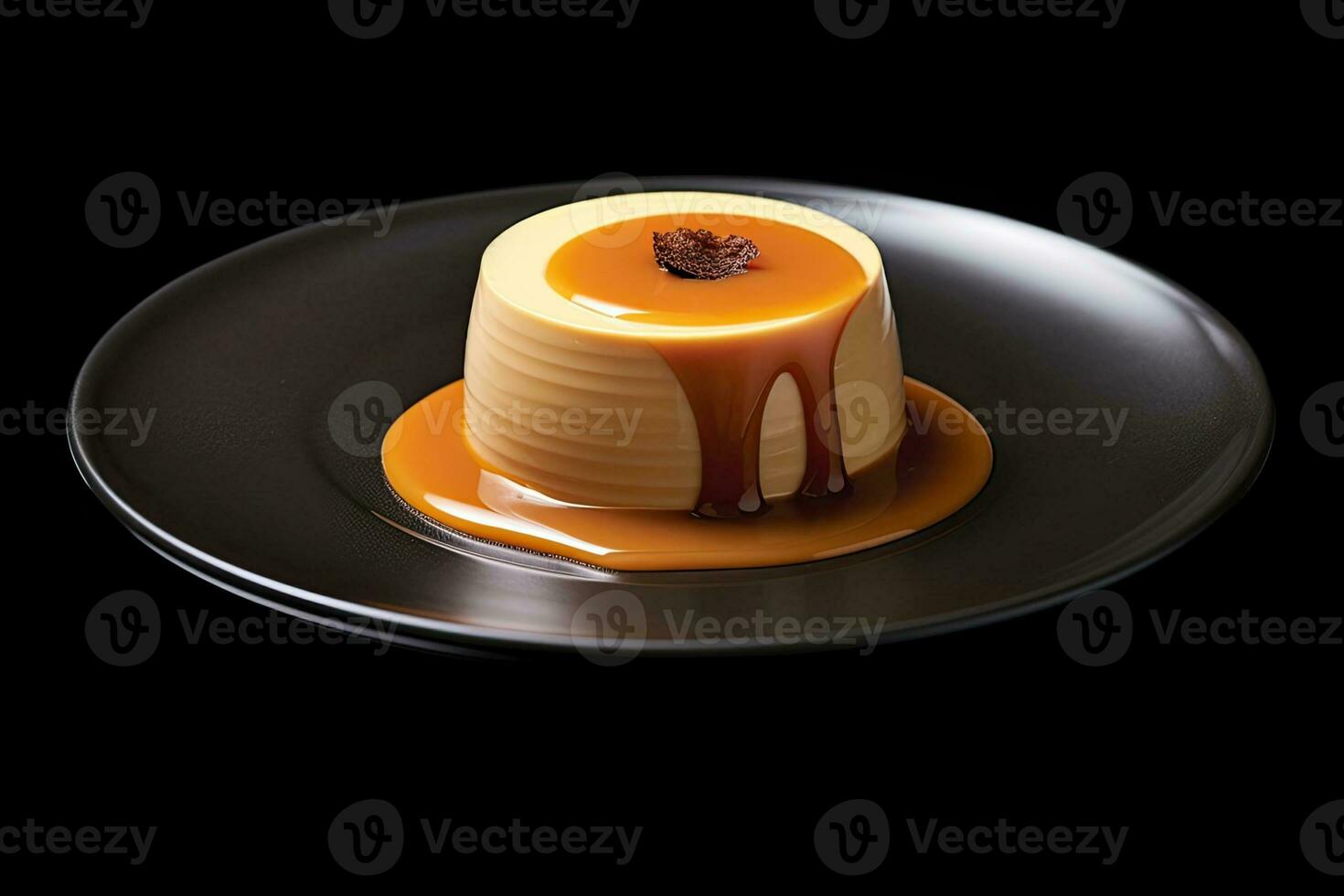 bellissimo Marrone panna cotta su un' piatto, nero sfondo, illustrazione, generativo ai foto