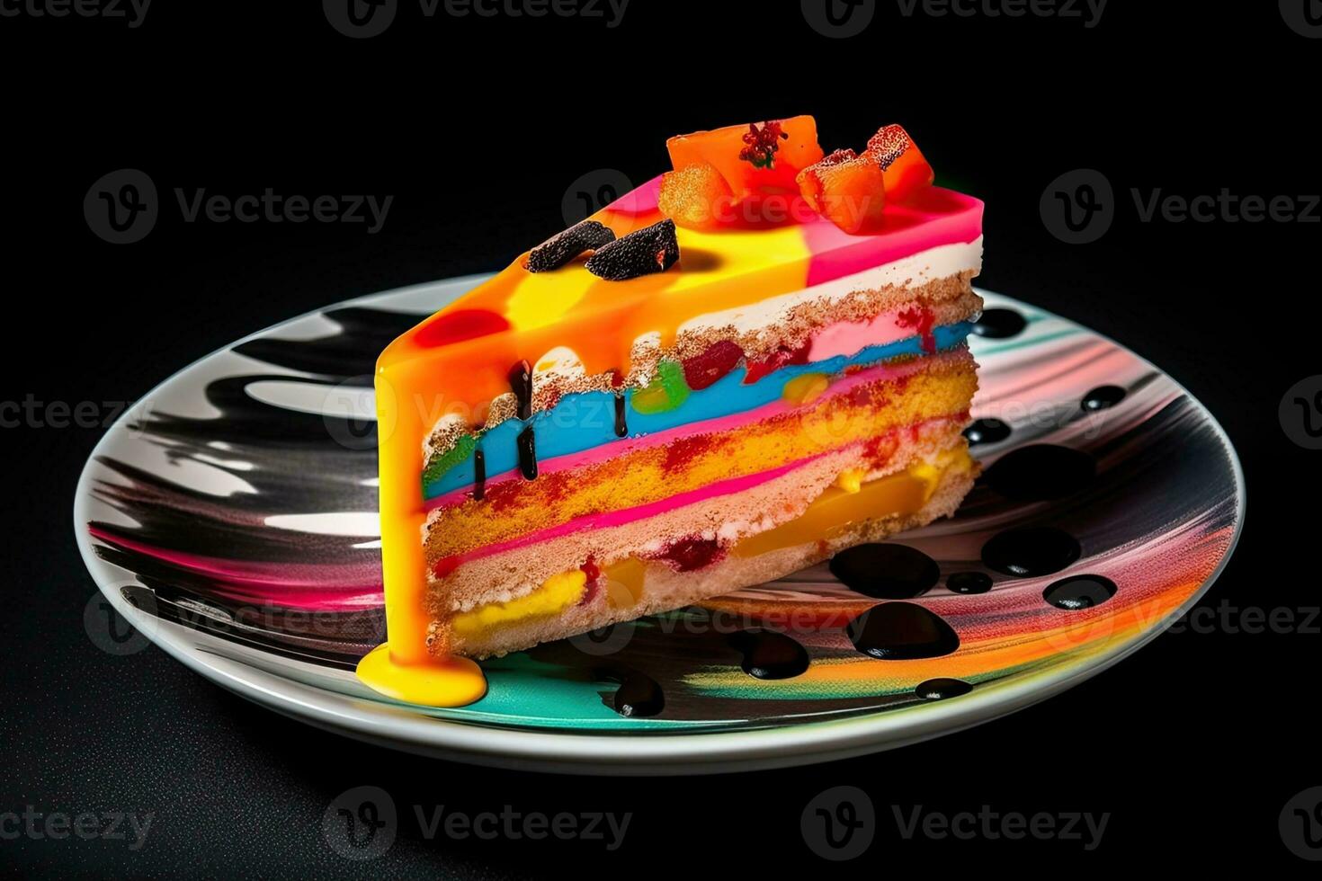 meravigliosa realistico colorato torta su un' piatto, nero sfondo, illustrazione, generativo ai foto