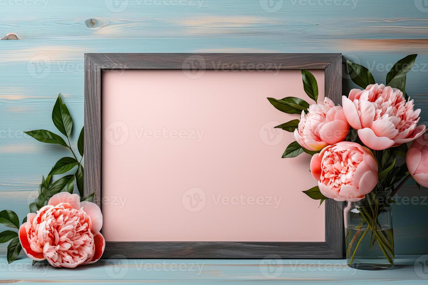 modello con delicato peonie e rosa telaio su un' di legno tavolo, avvicinamento. fiore carta generato di ai foto