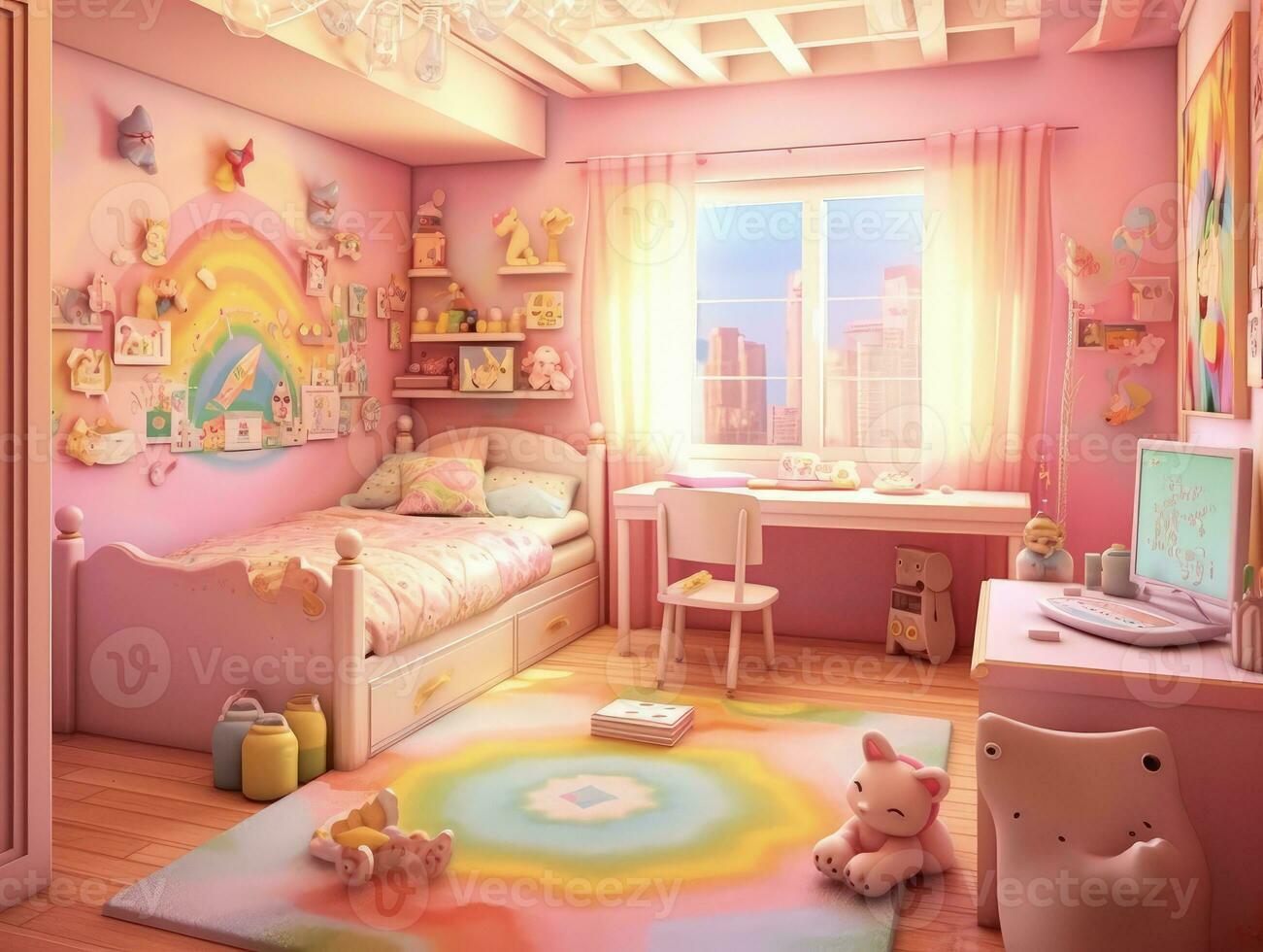 moderno rosa colorato bambino piccolo Camera da letto con decorazione. generativo ai foto