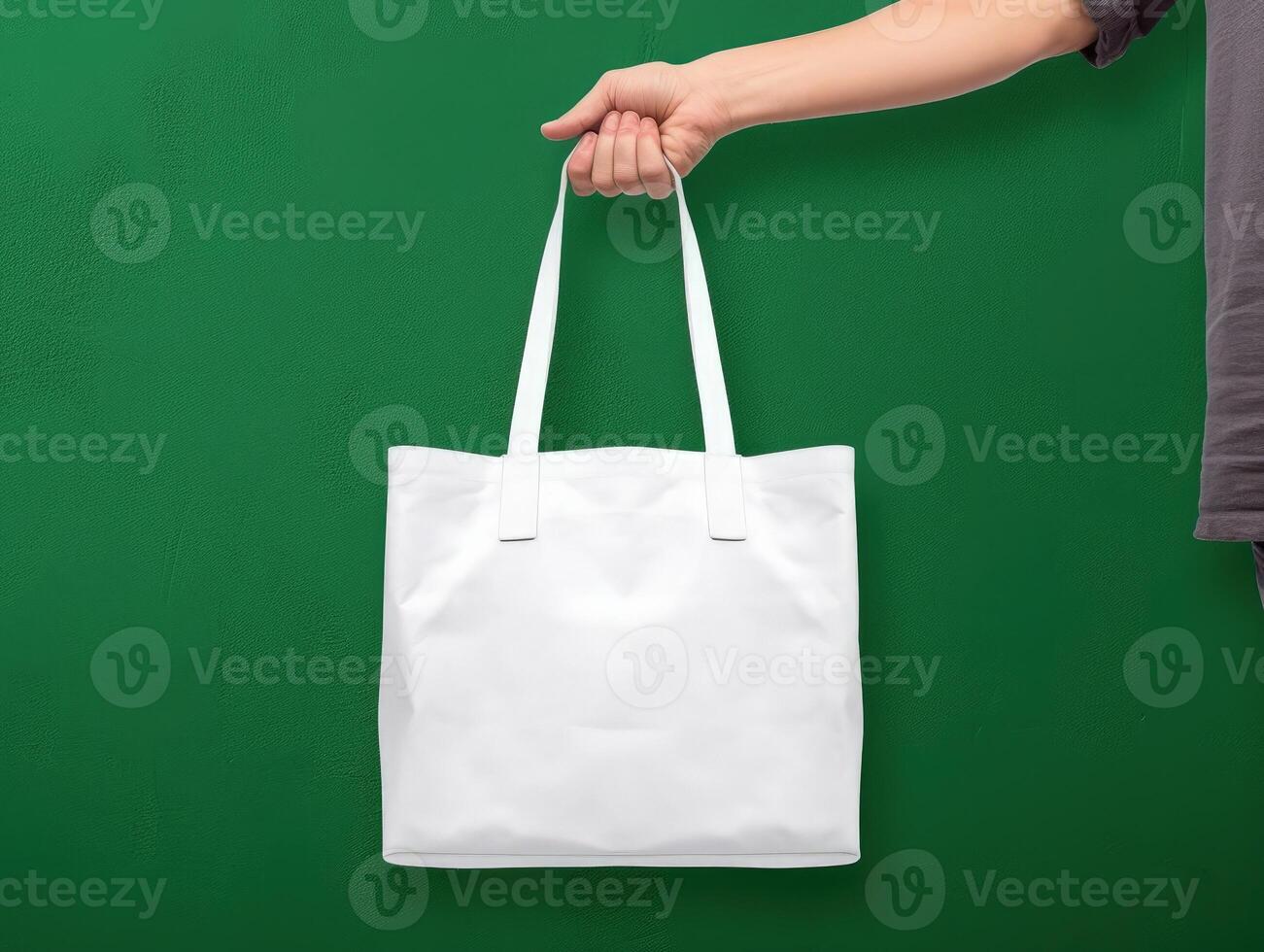 vuoto finto su stoffa Borsa, mano Tenere stoffa Borsa, verde sfondo. generativo ai foto