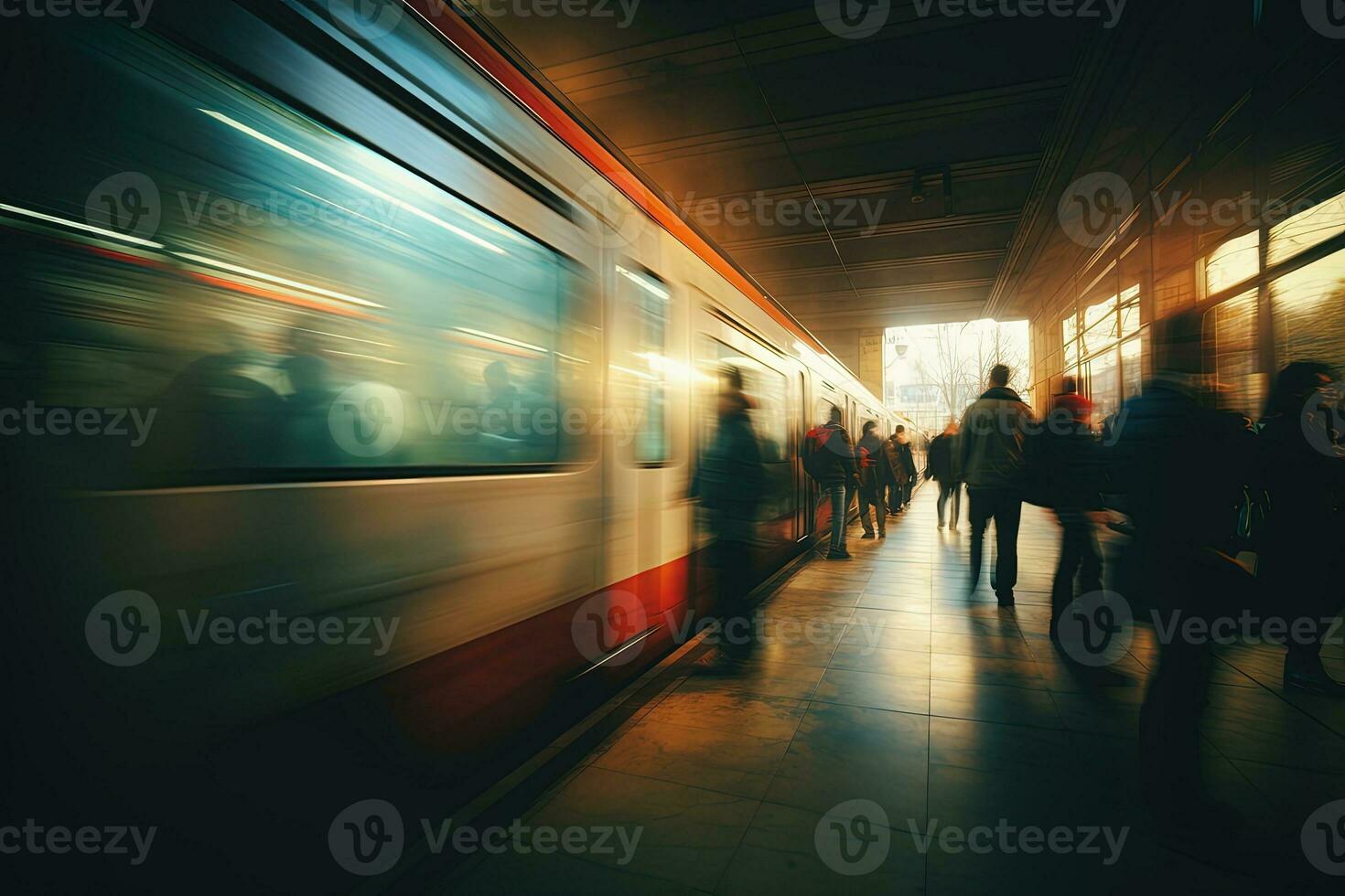 un' treno stazione metropolitana con sfocato movimento e a piedi le persone, generativo ai foto
