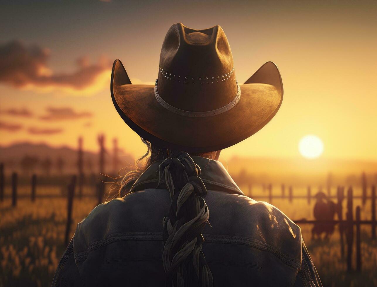 bellissimo donna nel cowboy selvaggio ovest stile, cowboy cappello e jeans giacca, moda ritratto foto sessione, pubblicità, agricolo campo, caldo e arancia colori su il tramonto cielo. generativo ai