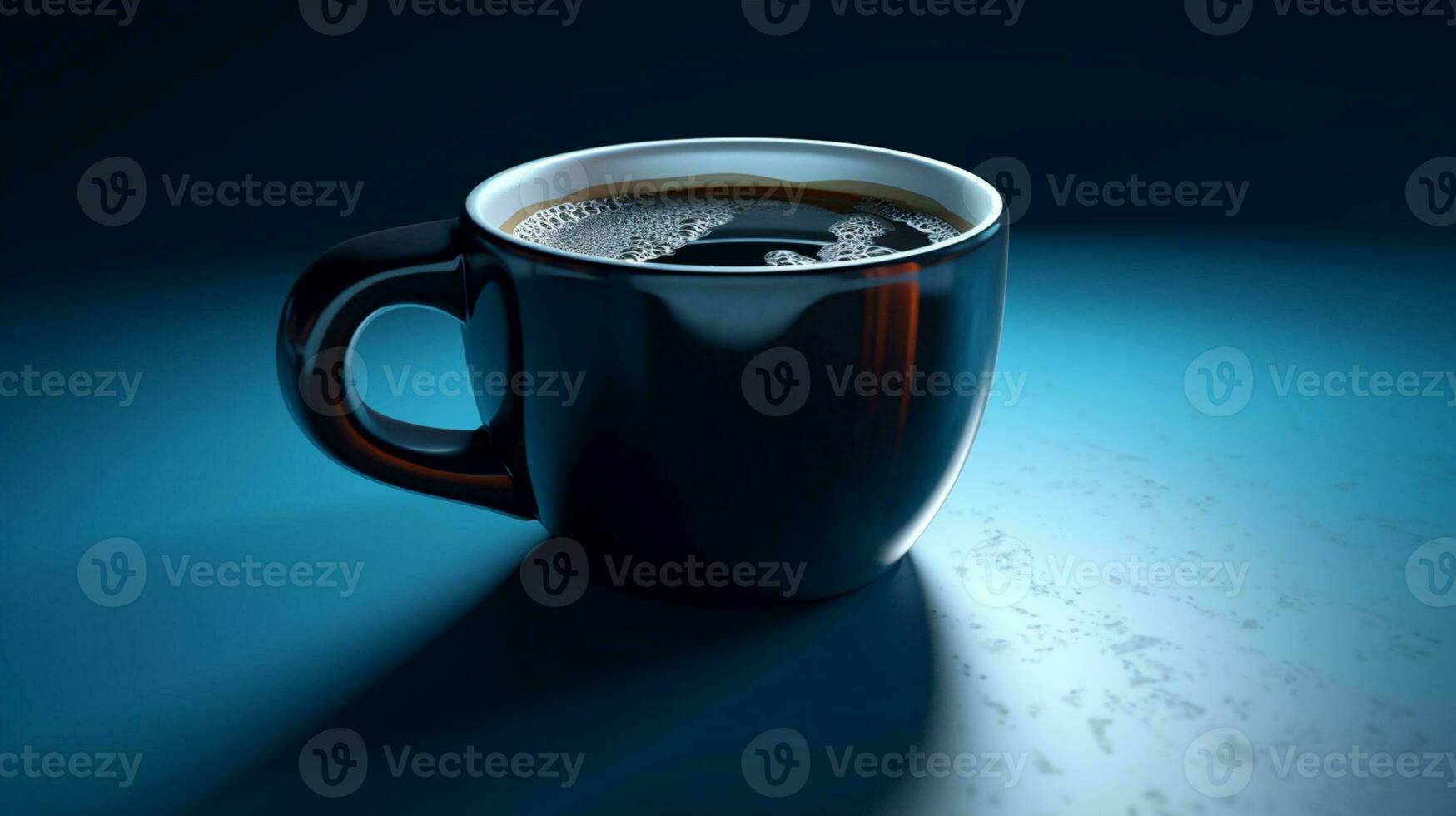 un' nero caffè boccale sospeso nel mezz'aria contro un' vivace blu sfondo, vuoto dentro. ai generato foto