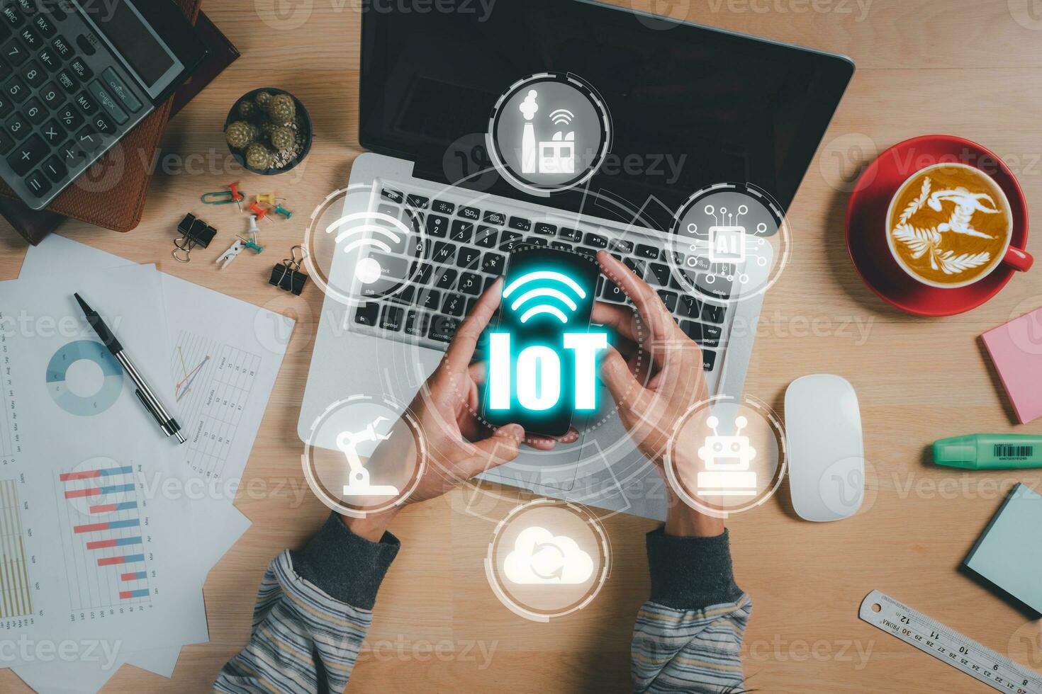 IoT Internet di le cose, persona mano toccante inteligente Telefono con vr schermo Internet di cose icona sfondo, digitale trasformazione, moderno tecnologia concetto. foto