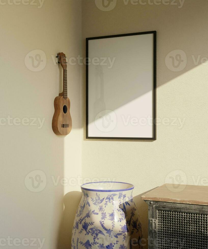 classico minimalista telaio modello manifesto sospeso su il beige parete nel il angolo di il camera con vaso e ukulele decorazione foto