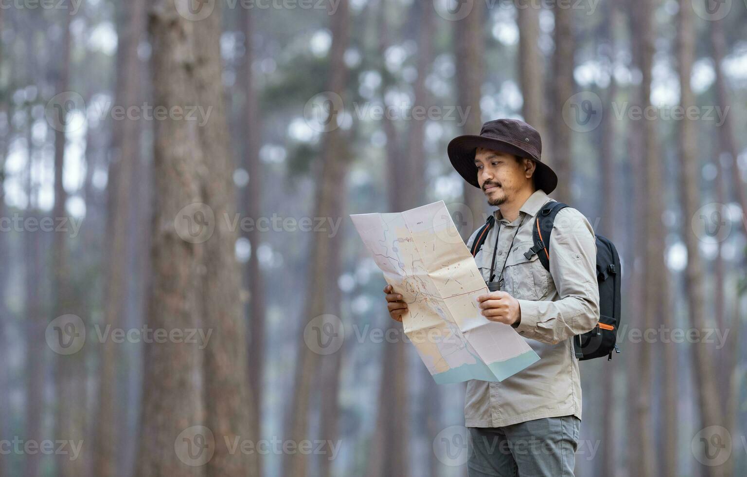 asiatico naturalista guardare a il carta geografica per direzione mentre esplorando natura nel il pino foresta per ispezionando e scoprire il raro biologico diversità e ecologo su il campo studia concetto foto