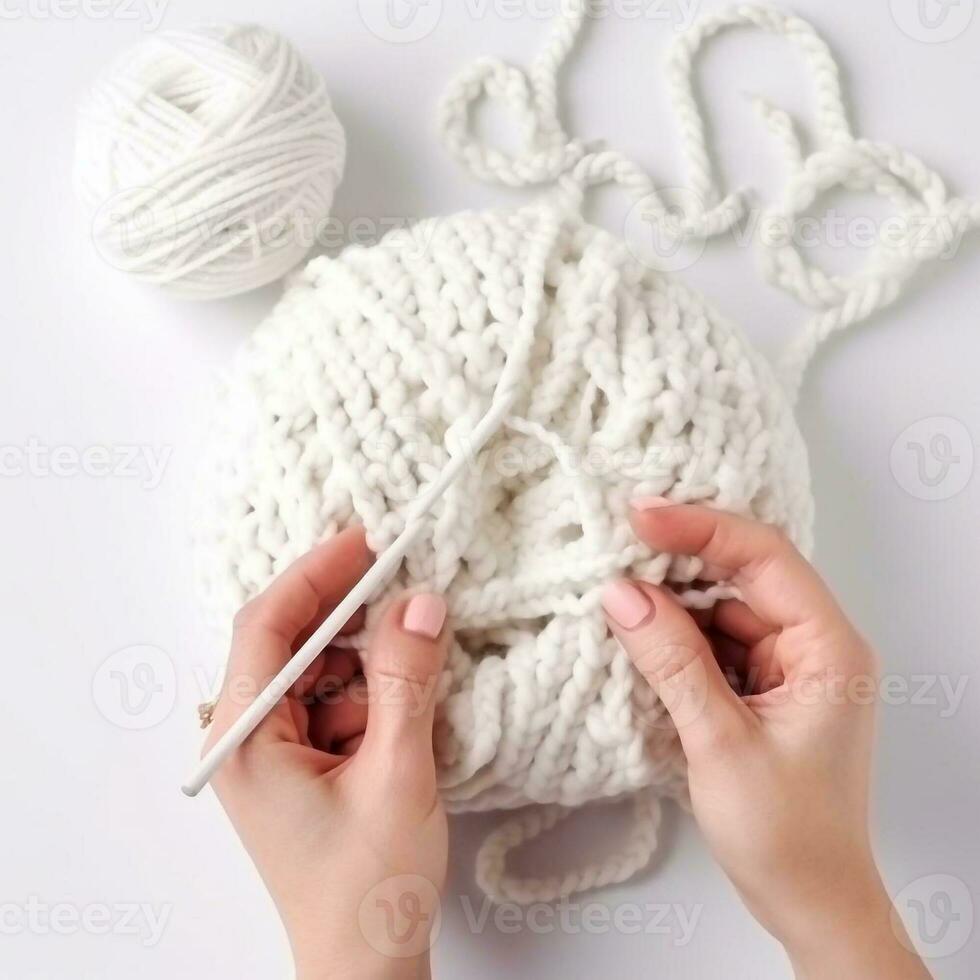 Da donna mani avvicinamento, maglieria, crochet.top Visualizza su puro bianca sfondo.ai generato.artificiale intelligenza foto