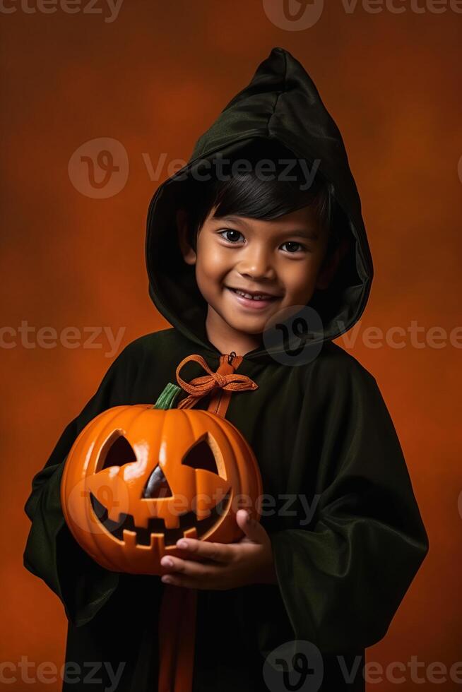 un illustrazione di bambini indossare un' Halloween costume , ai generato foto