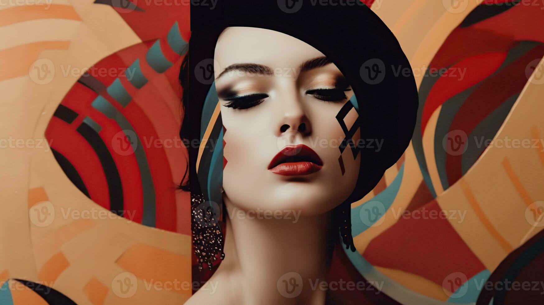 un illustrazione di un' moda ritratto di un' donna combinato con astratto arte., ai generato foto