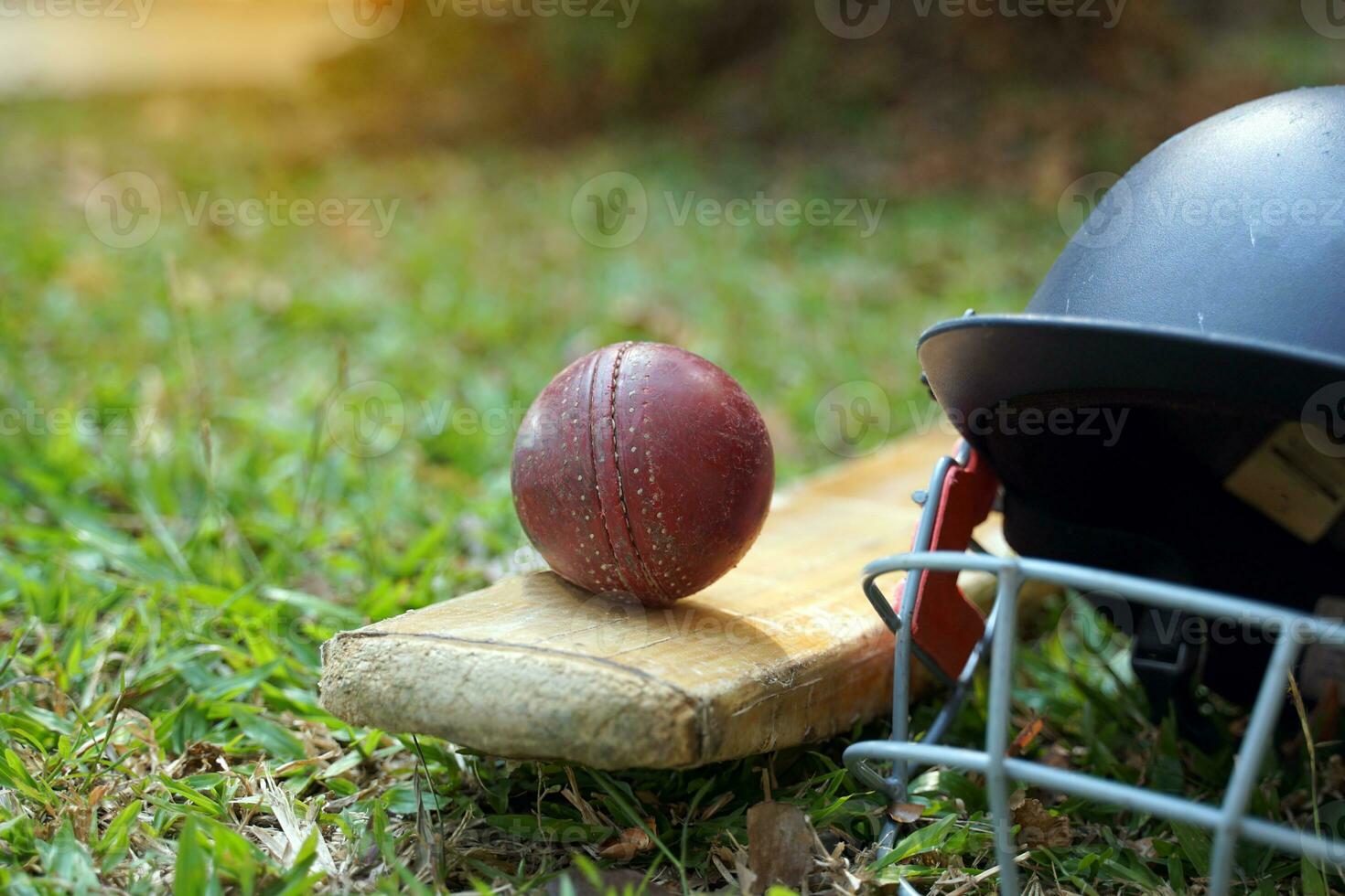 cricket attrezzatura è un' cricket sfera, cricket pipistrello, cricket casco su un' erba sfondo. morbido e selettivo messa a fuoco. foto