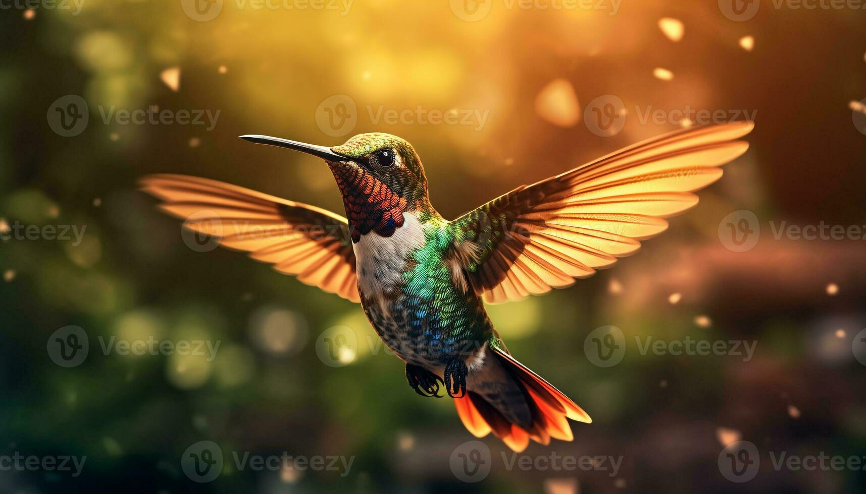 colibrì aleggia, si diffonde vivace Ali, impollina, si illumina natura bellezza generato di ai foto