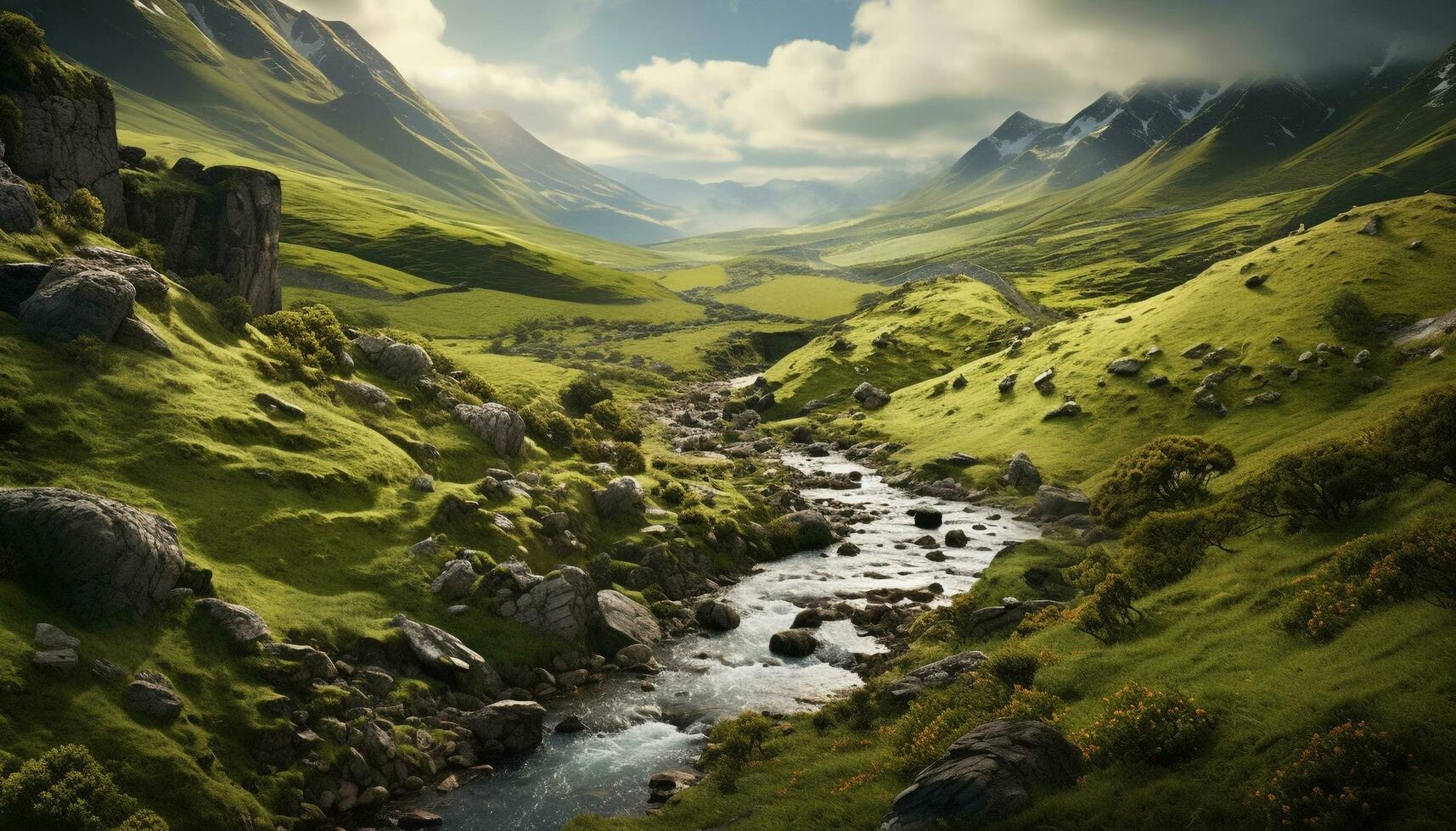 maestoso montagna gamma, tranquillo prato, fluente acqua, sereno foresta generato di ai foto