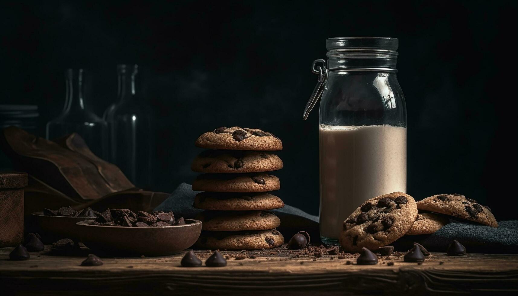 fatti in casa cioccolato patata fritta biscotti su rustico di legno tavolo, latte nelle vicinanze generato di ai foto