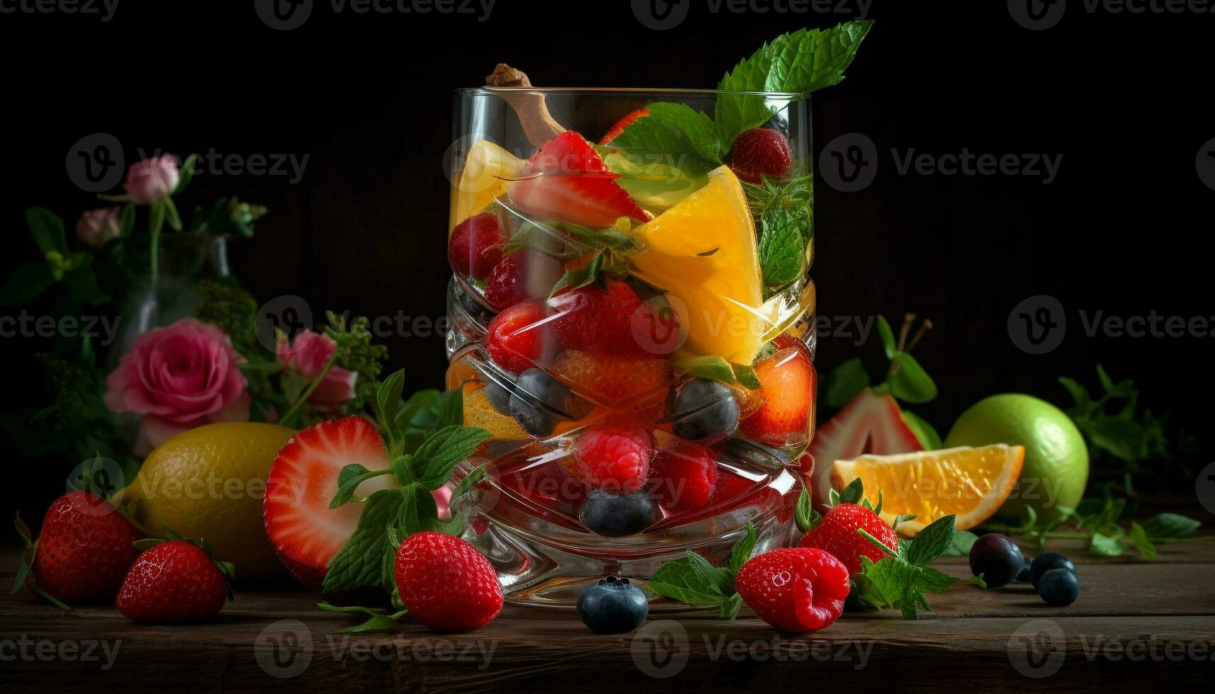 estate cocktail con fresco bacca frutta e menta generato di ai foto