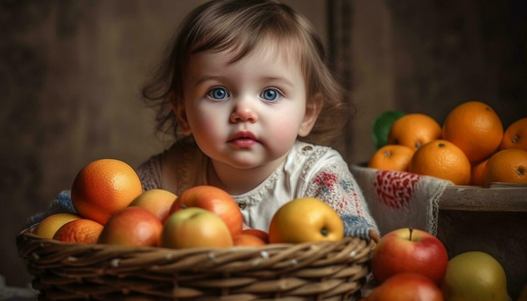 sorridente bambino ragazze seduta con biologico frutta generato di ai foto