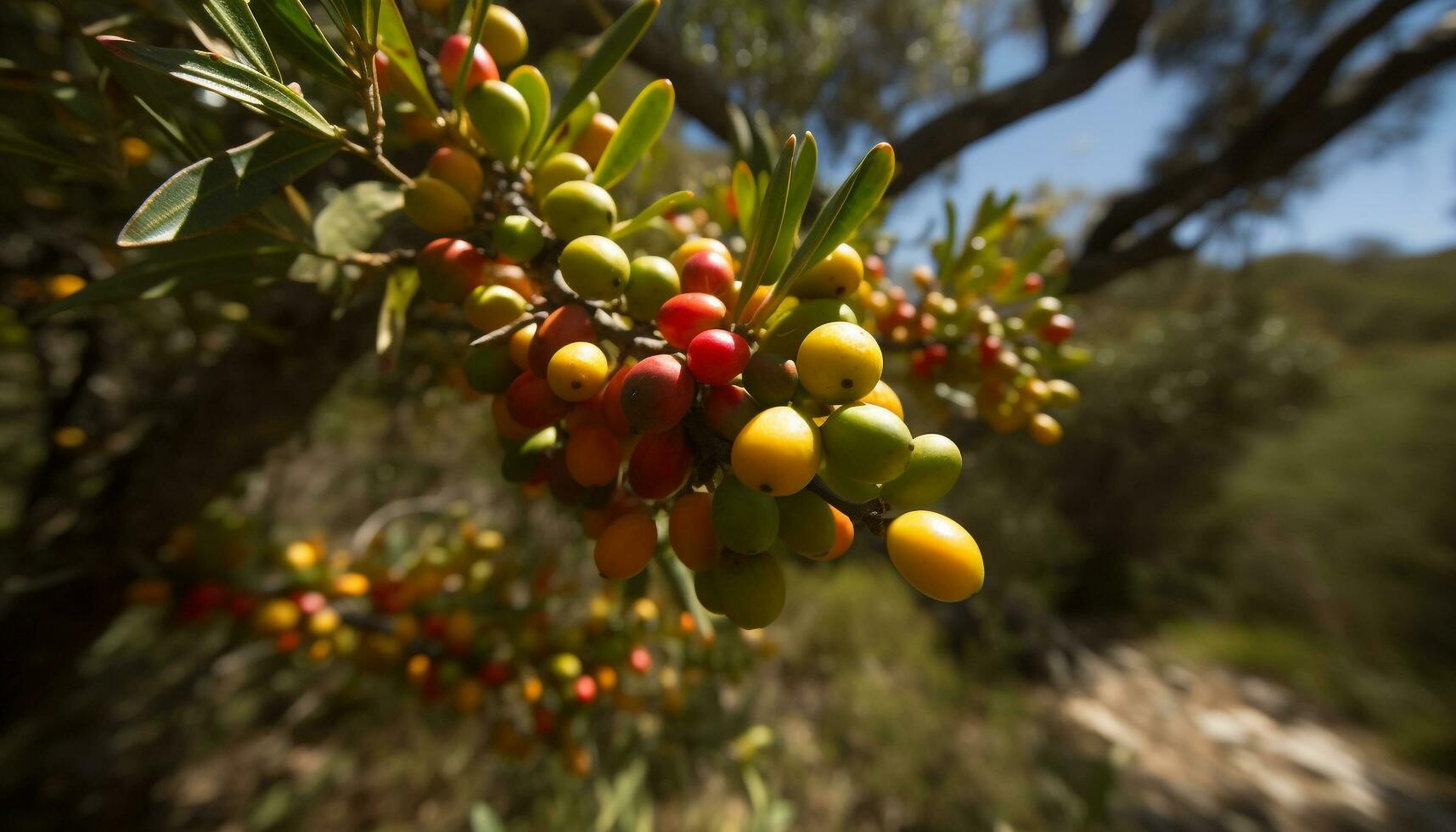 natura generosità fresco, maturo frutta su un' verde estate ramo generato di ai foto