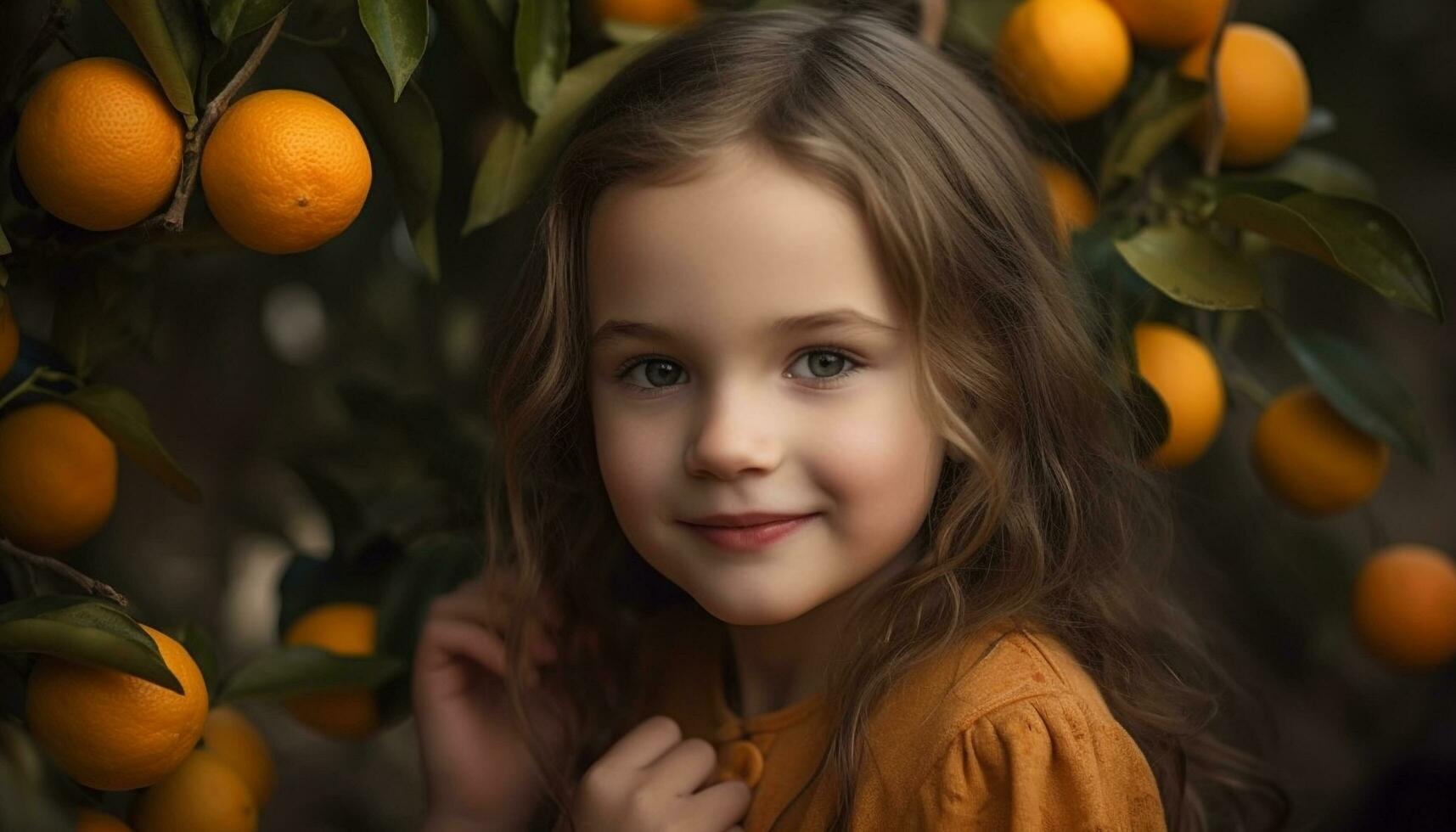 carino caucasico ragazza sorridente, Tenere fresco mandarino generato di ai foto