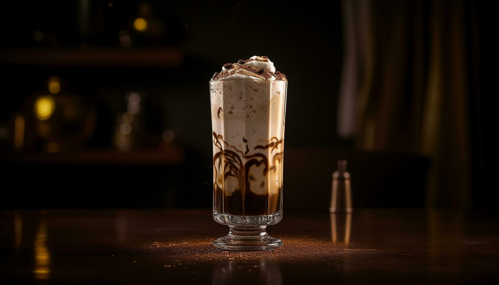 rinfrescante latte macchiato con cioccolato crema su legna tavolo generato di ai foto