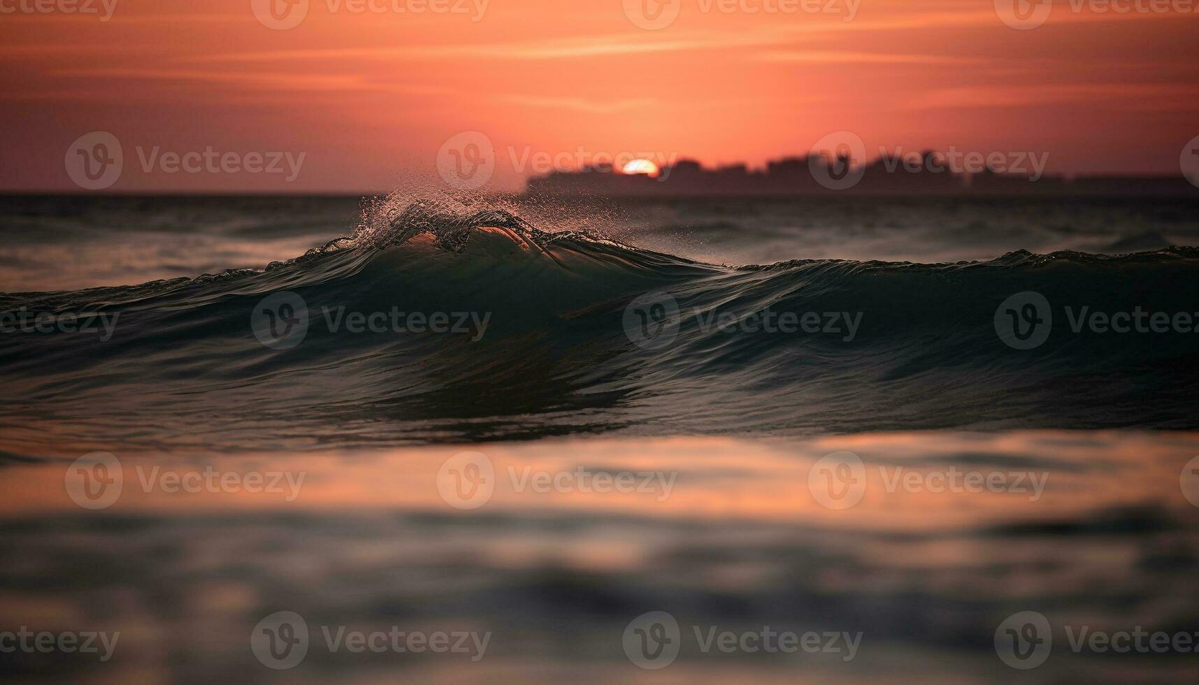 Alba al di sopra di tranquillo paesaggio marino, onde spruzzi idilliaca generato di ai foto