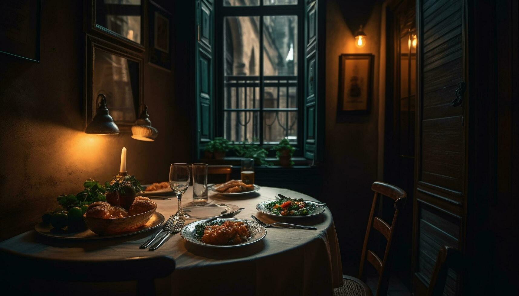 lusso pasto su rustico cenare tavolo in casa generato di ai foto