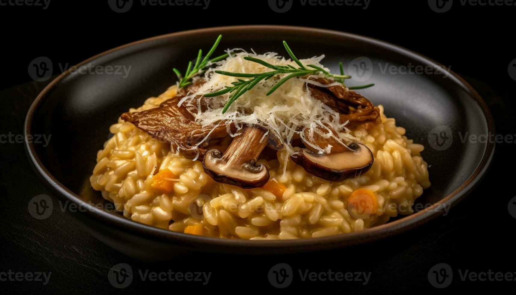 salutare risotto ciotola con commestibile funghi e erbe aromatiche generato di ai foto