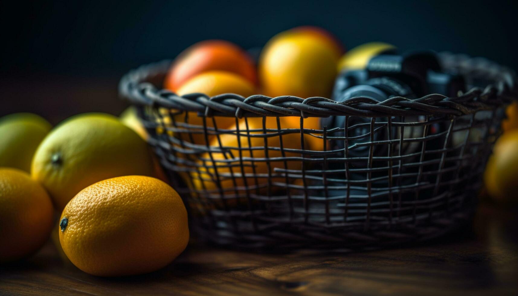 fresco biologico frutta cestino su rustico di legno tavolo generato di ai foto