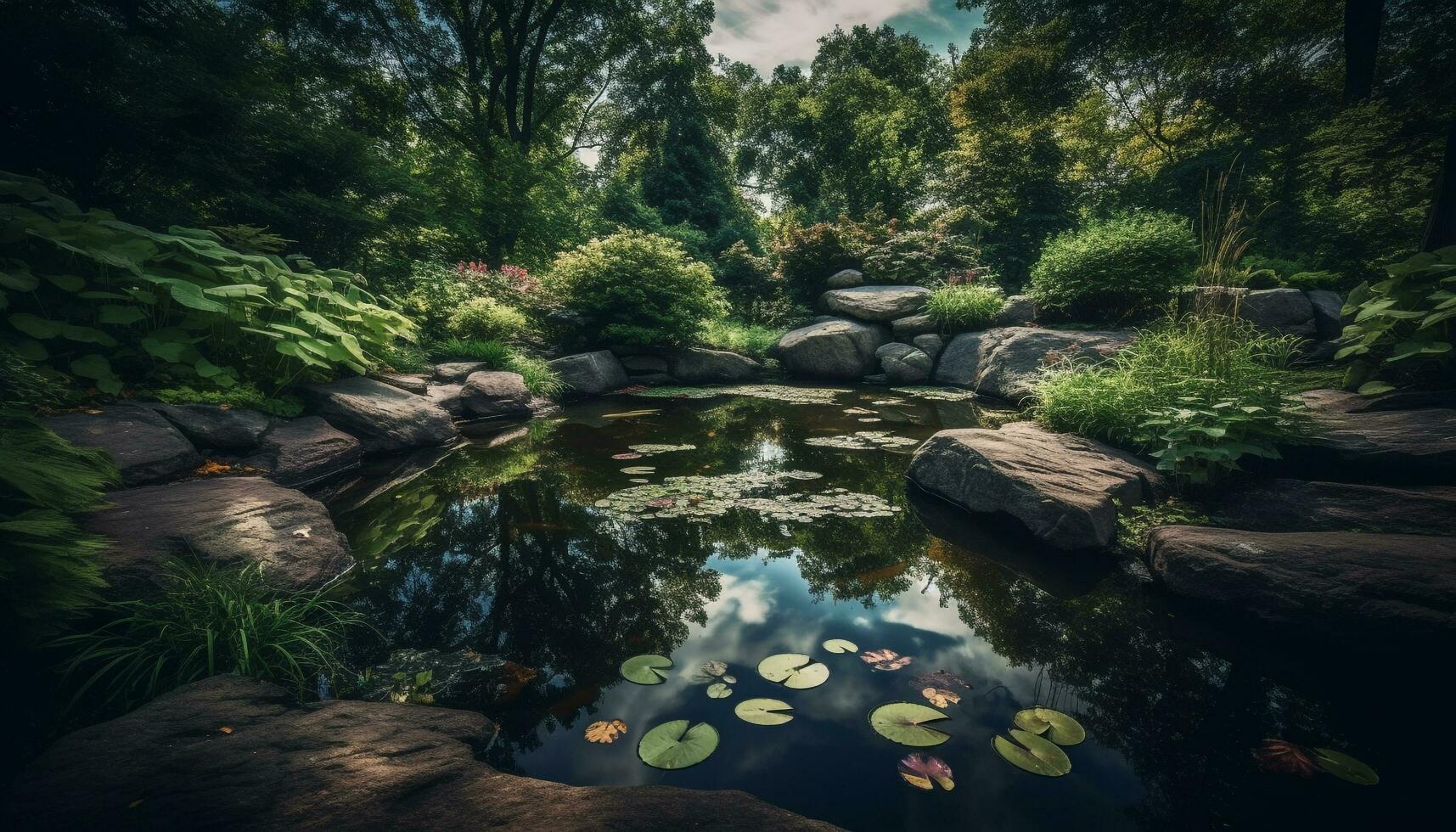 tranquillo scena di fluente acqua nel foresta generato di ai foto