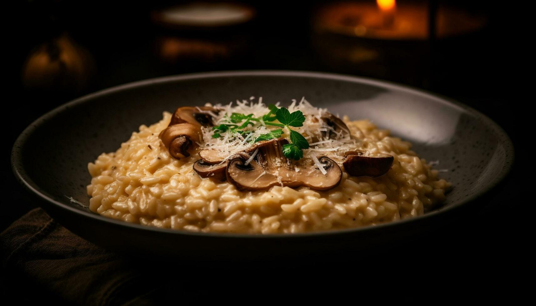 salutare risotto pasto con commestibile funghi e prezzemolo generato di ai foto