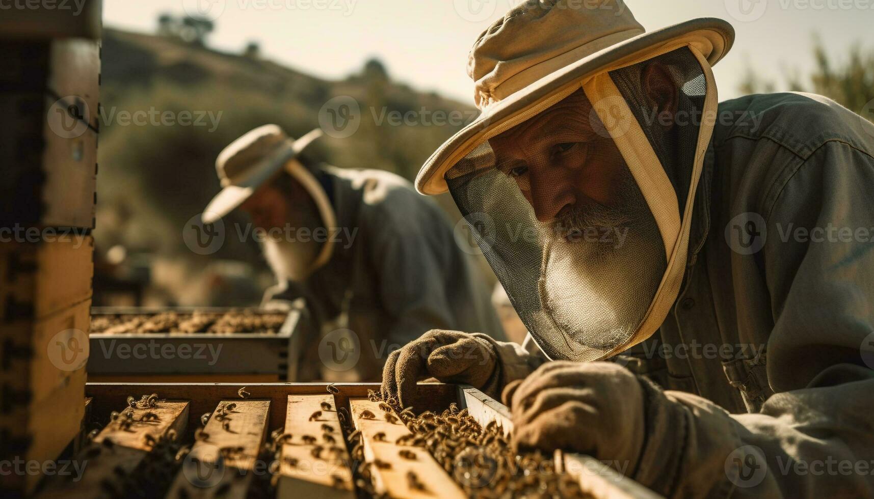 anziano apicoltore nel protettivo abbigliamento da lavoro raccolta