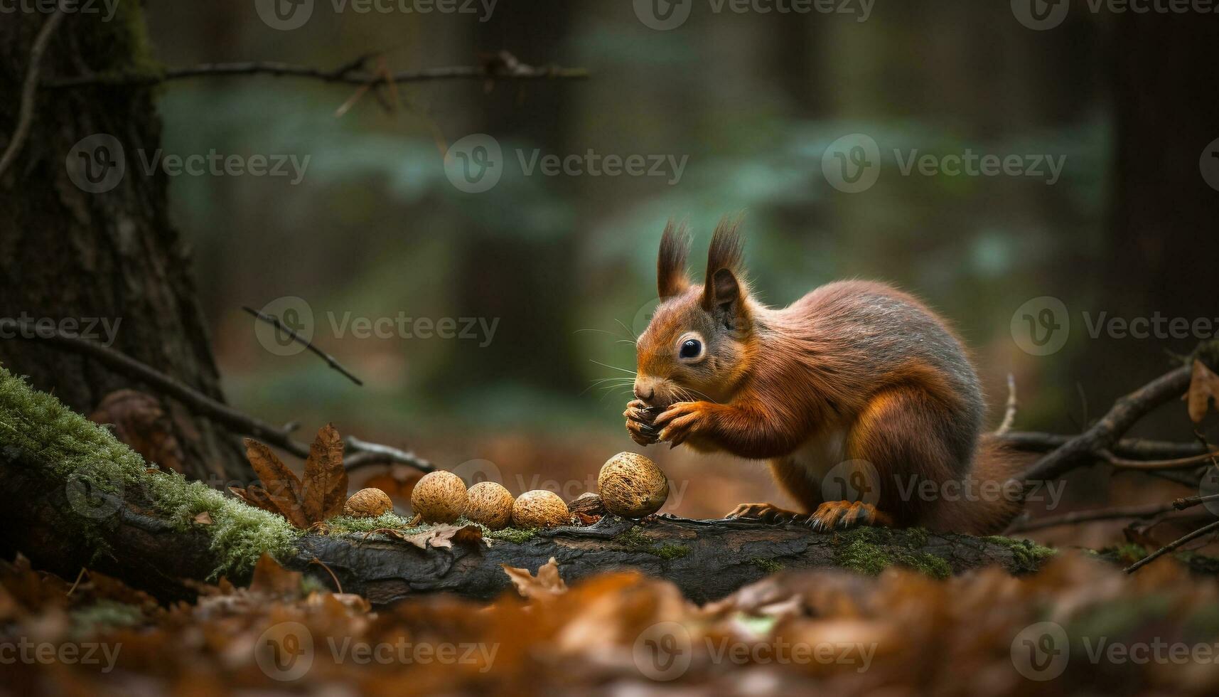 soffice grigio scoiattolo mangiare nocciola su ramo generato di ai foto