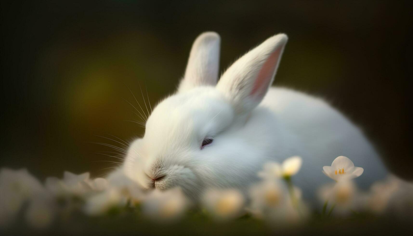 soffice bambino coniglio seduta nel verde prato generato di ai foto