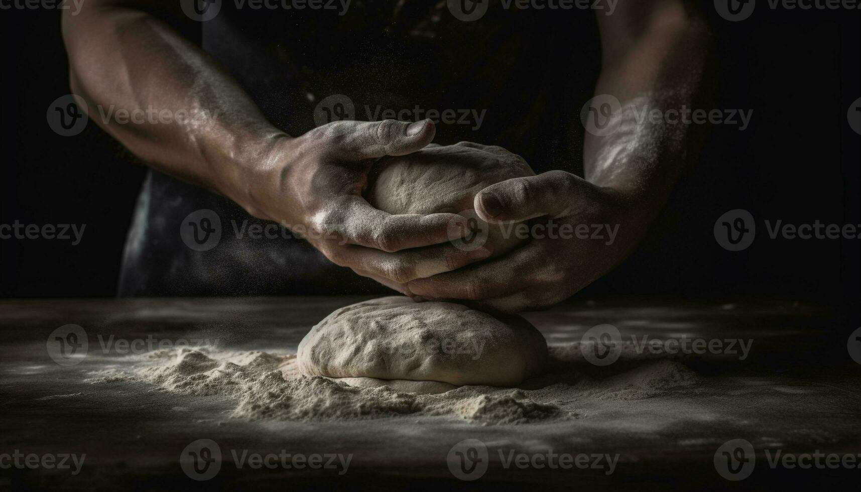 mano impasto fresco Impasto su rustico di legno tavolo generato di ai foto