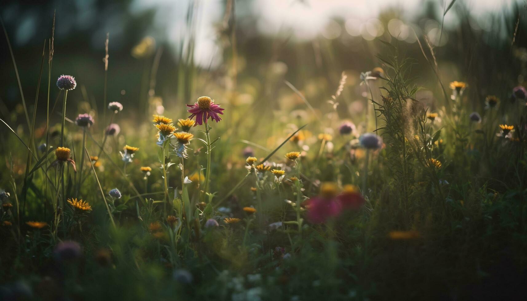 vivace fiori selvatici fiorire nel tranquillo rurale prato generato di ai foto