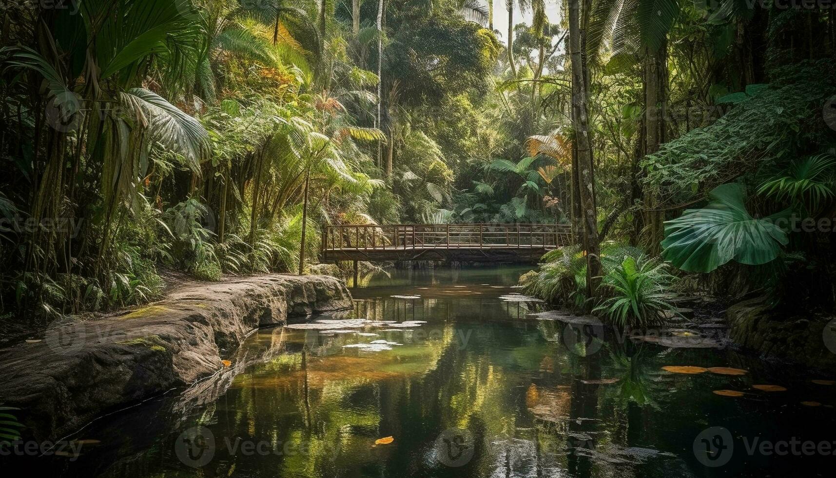 tranquillo scena riflessione di palma alberi nel stagno generato di ai foto