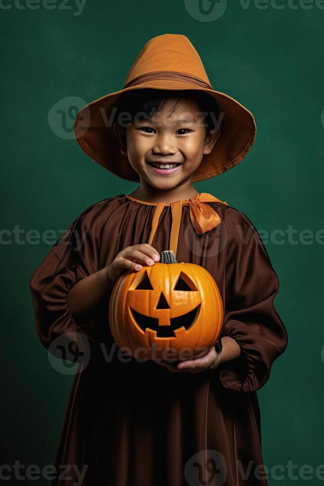 un illustrazione di bambini indossare un' Halloween costume , ai generato foto