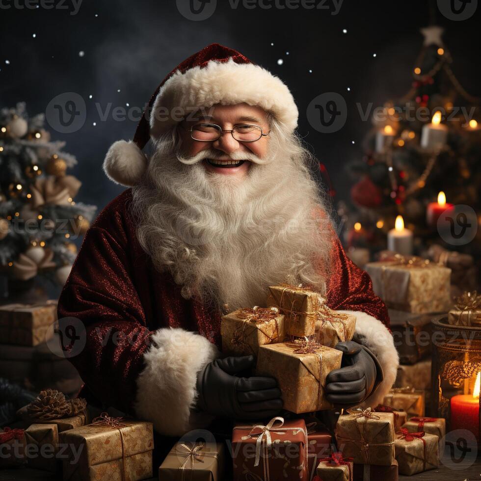 illustrazione di un' Santa Claus con un' Natale sfondo, ai generato foto