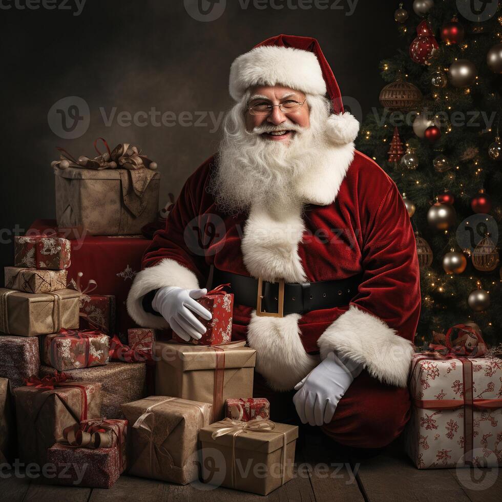 illustrazione di un' Santa Claus con un' Natale sfondo, ai generato foto