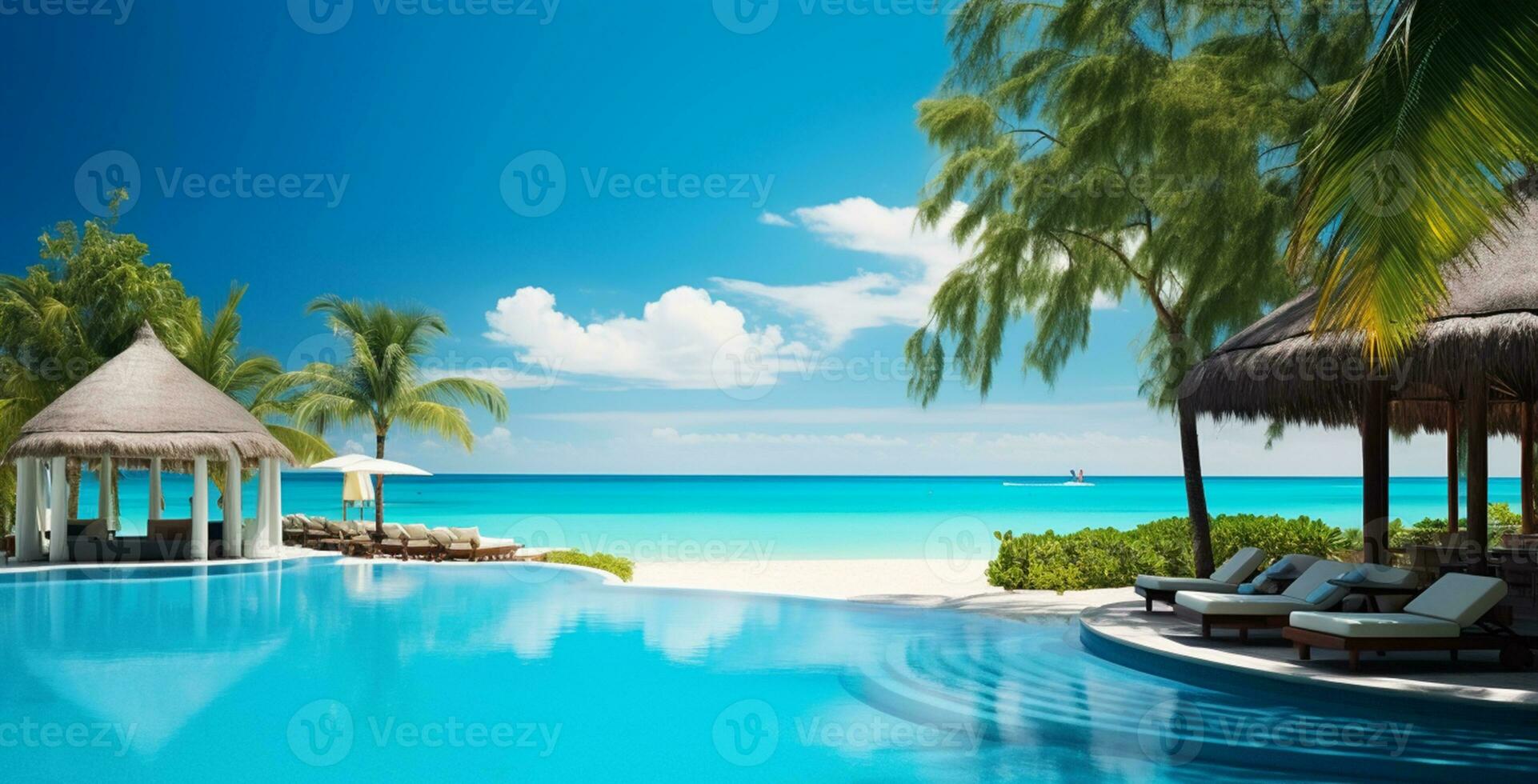 lussuoso nuoto piscina e lettini ombrelli vicino spiaggia e mare con palma alberi e blu cielo. ai generato foto
