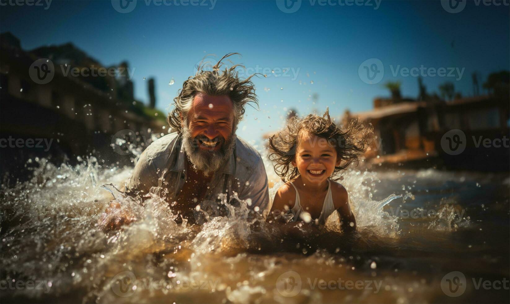 anziano uomo e un' bambino giocando e spruzzi con acqua su un' spiaggia nel estate. ai generato foto