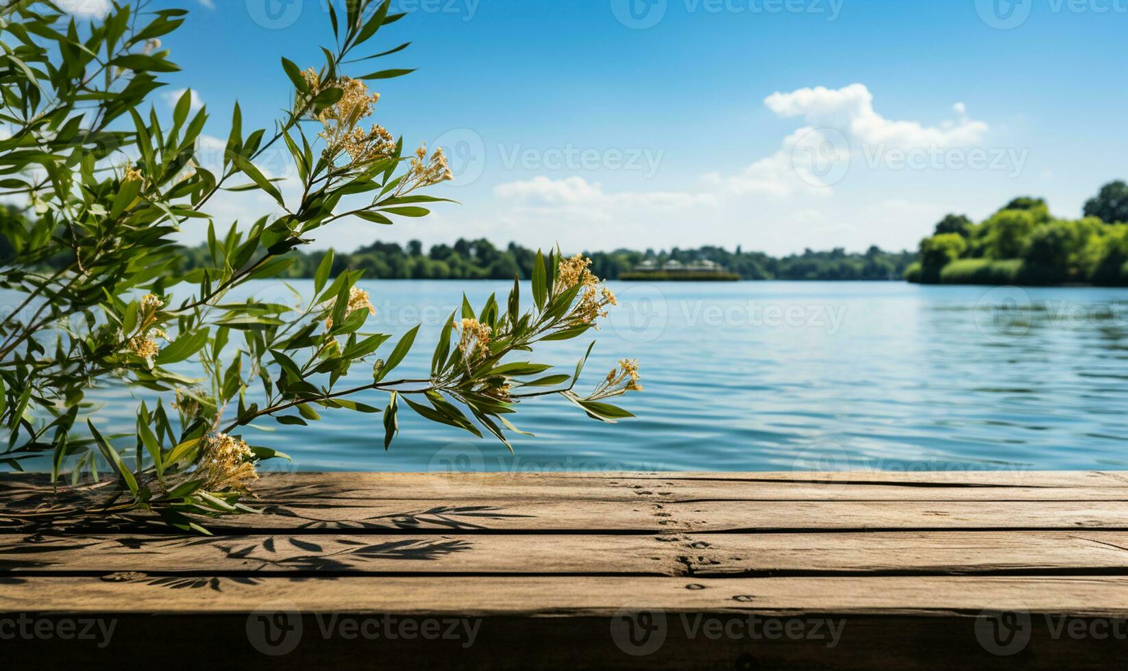 tranquillo in riva al lago scena durante estate. ai generato foto