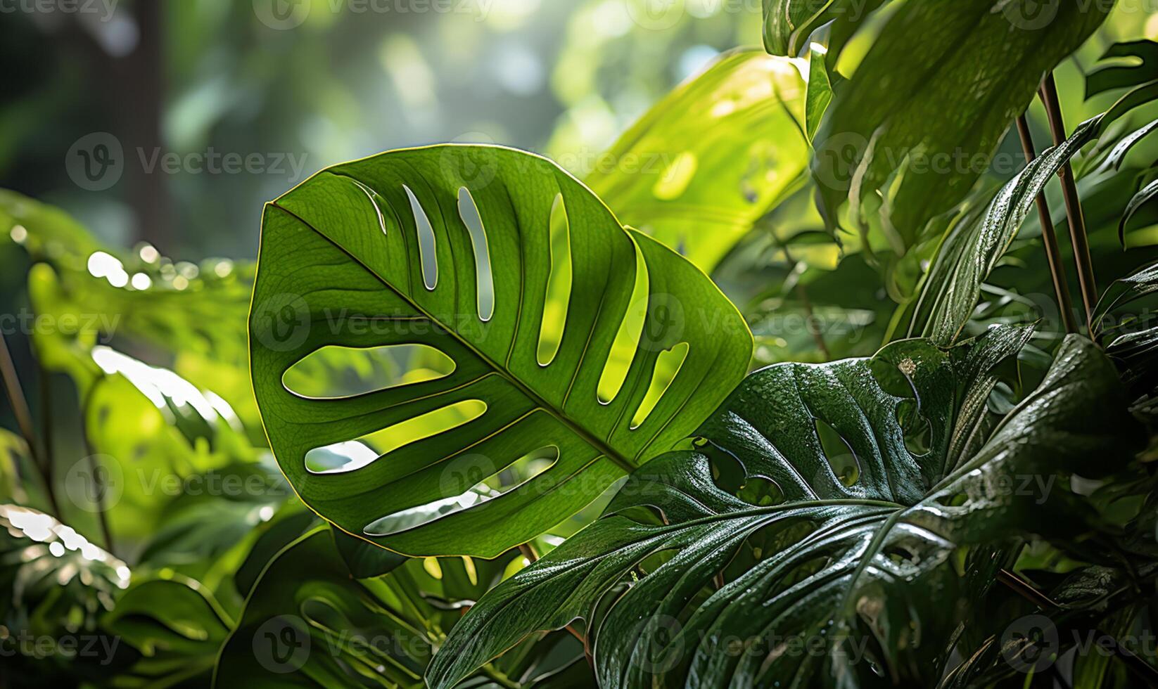 avvicinamento Immagine di lussureggiante verde tropicale vegetazione nel un' giungla. ai generato foto