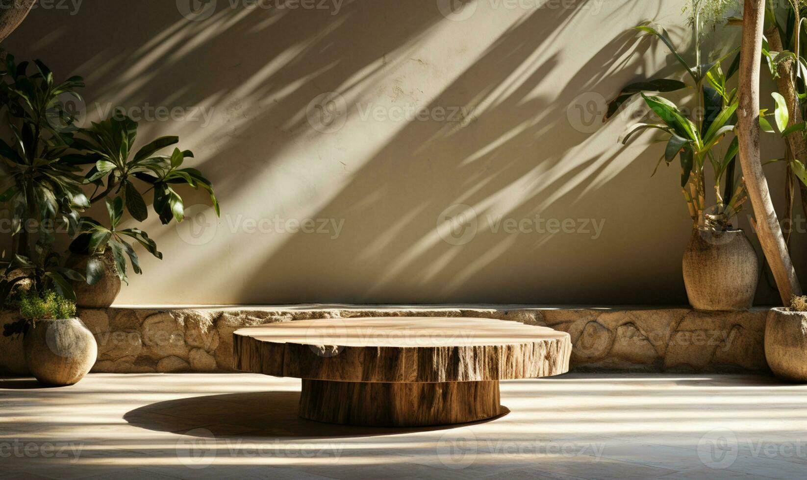 naturale log legna podio tavolo nel luce del sole ai generato foto