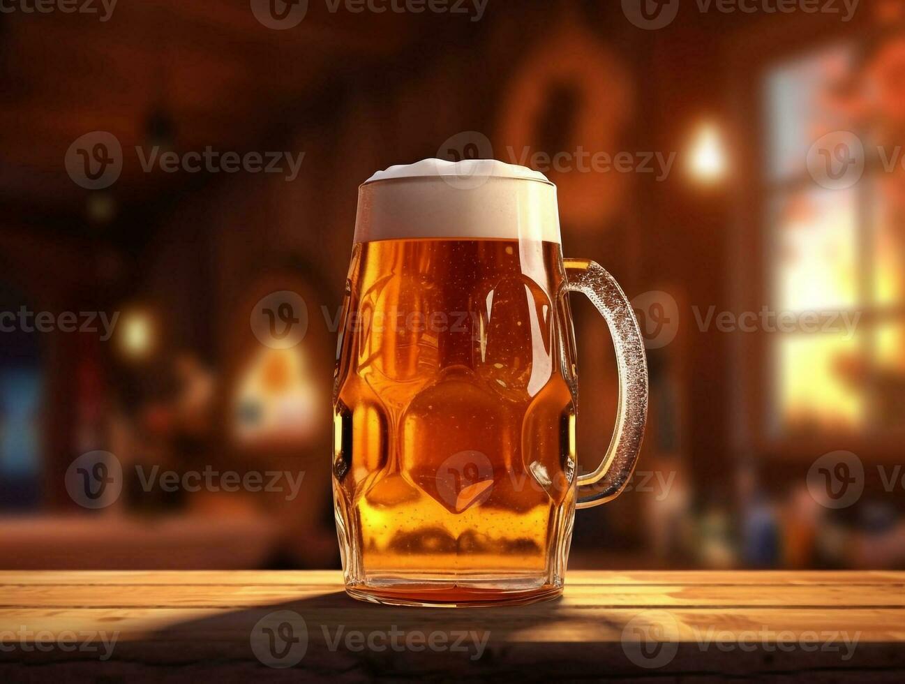 schiumoso birra nel grande bicchiere boccale sta nel Locale bar su Oktoberfest, ai generato foto