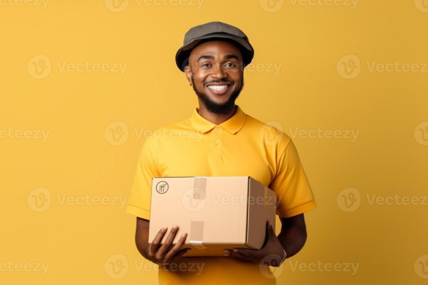 ai generativo sorridente africano americano consegna uomo Tenere cartone scatola isolato su giallo sfondo foto