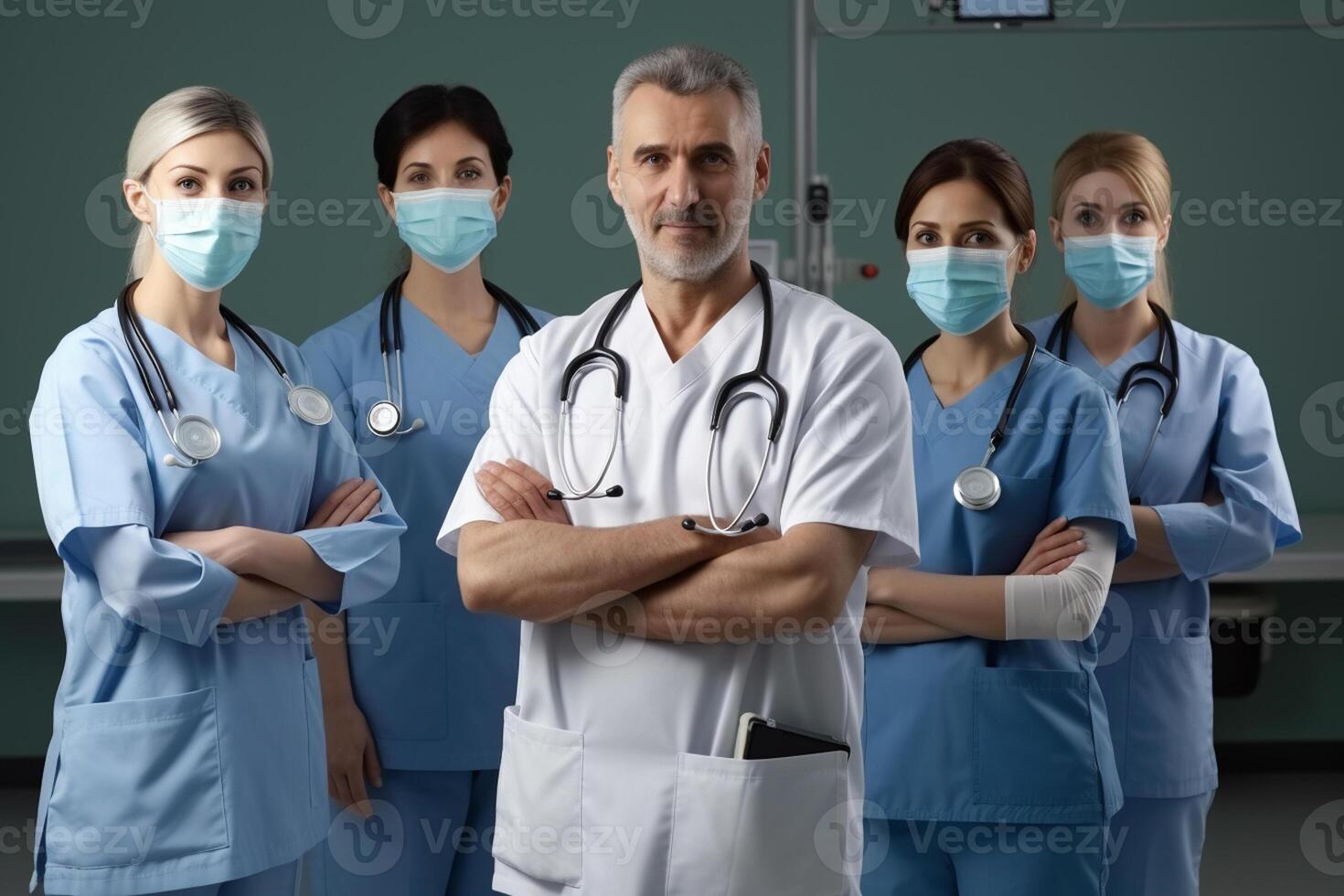 ai generativo ritratto di fiducioso medico squadra in piedi con braccia attraversato nel moderno ospedale foto
