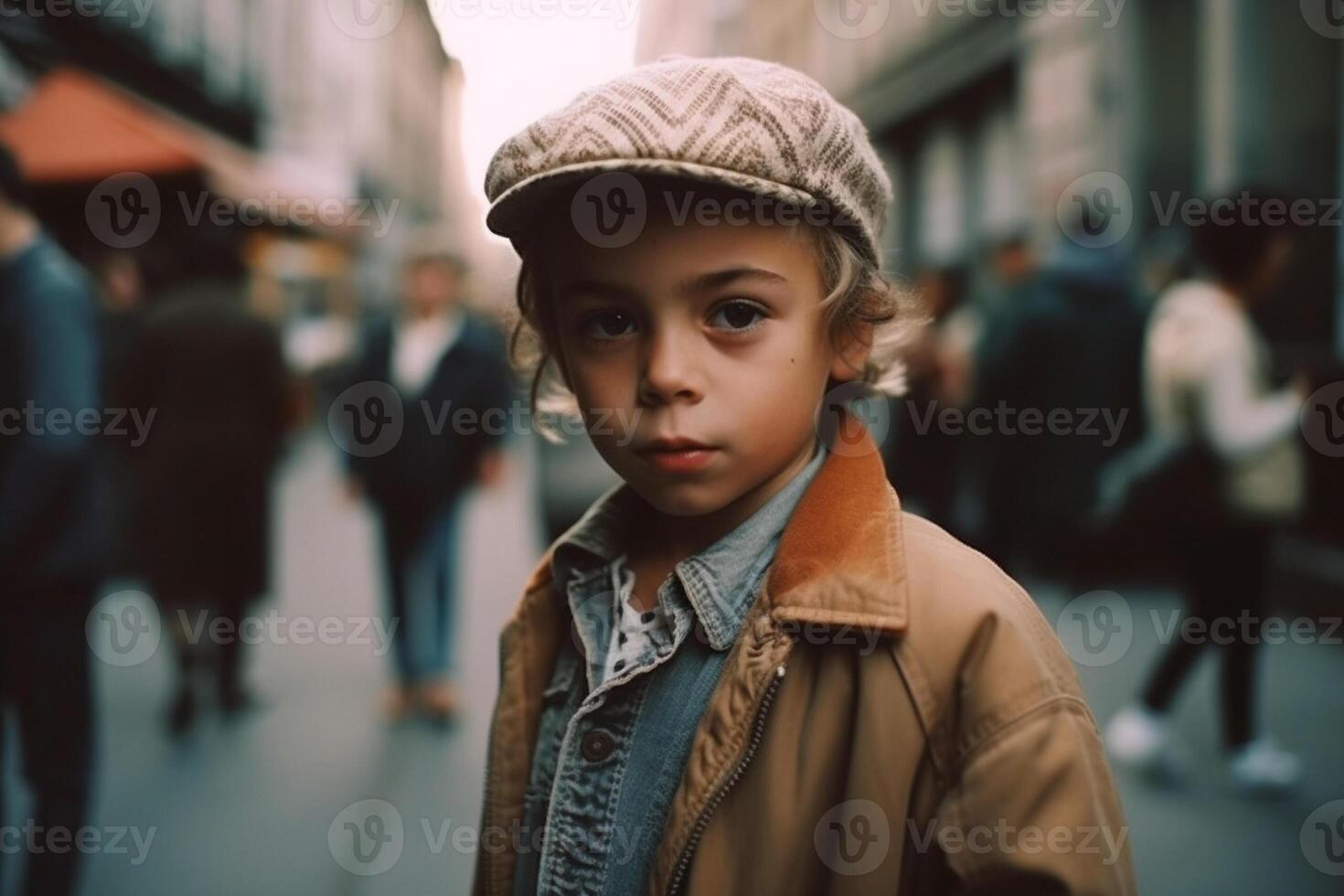 ai generativo ritratto di un' carino poco ragazzo su il strada nel il città foto