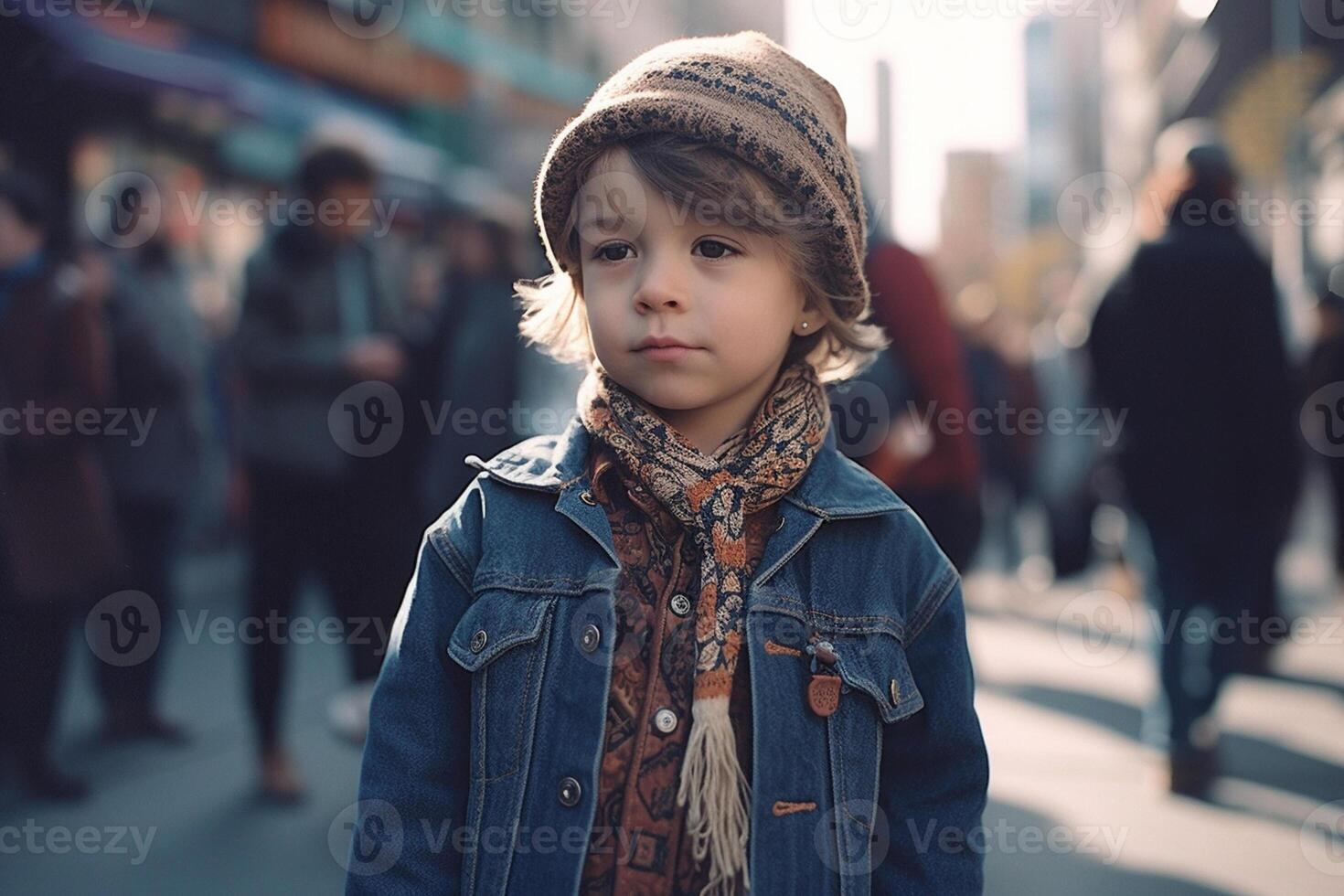 ai generativo ritratto di un' carino poco ragazzo su il strada nel il città foto